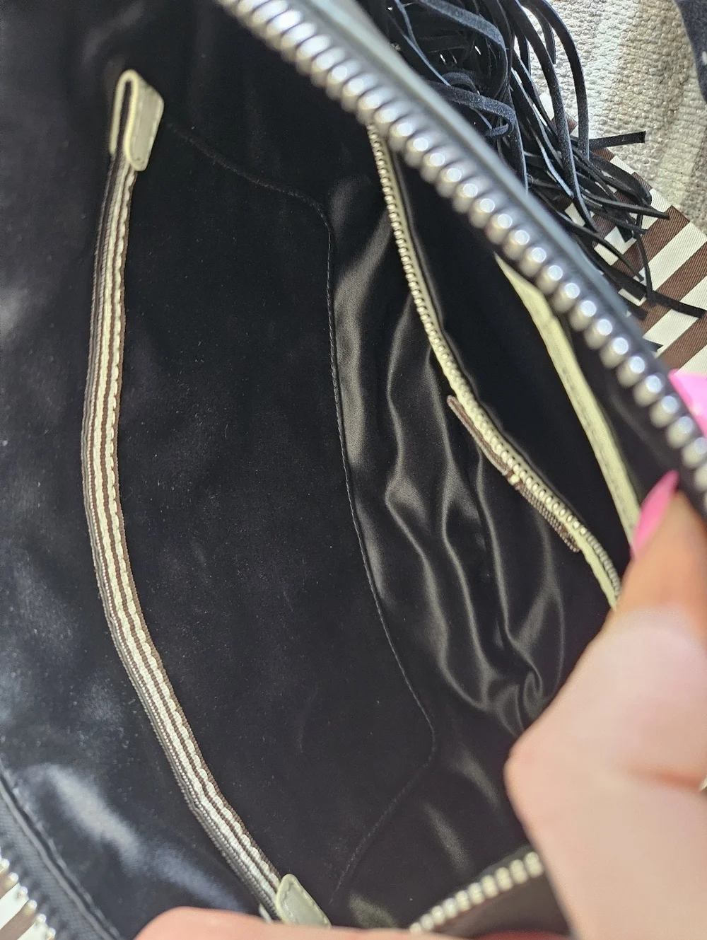 Henri Bendel Dylan Black Fringe Leather Hobo Rivet Crossbody Bag + Dustbag